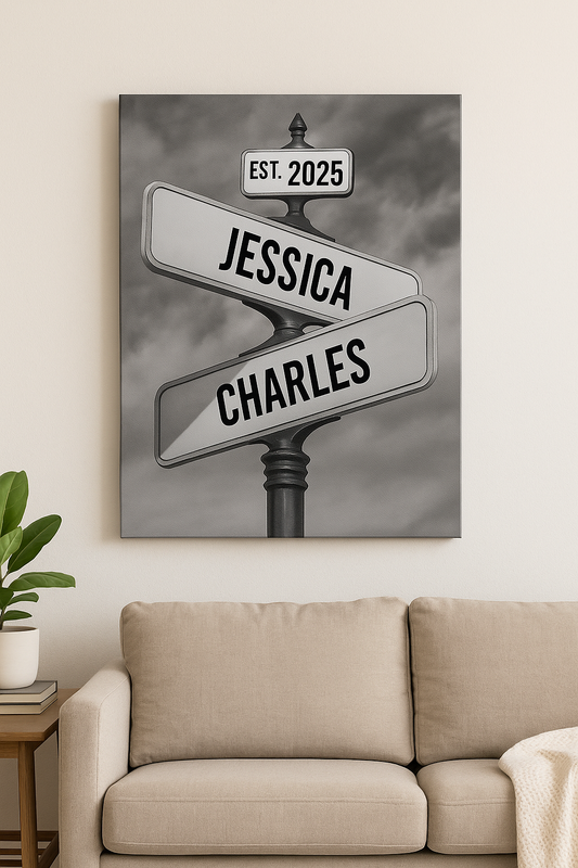 Personalized Multi-Name Street Sign Canvas, Custom Dates, Vintage Crossroads Wall Art for Family or Friends, Anniversary or Wedding Gift