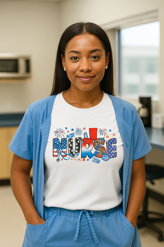 Nurse Life Tee – Proud. Brave. Red, White & Scrubs.